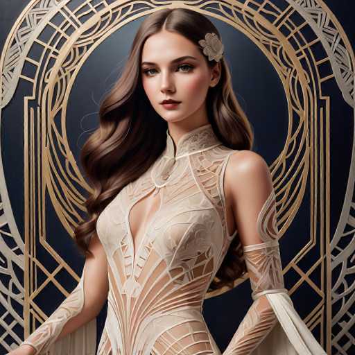 A stunning woman in an intricately detailed, light-colored gown with ornate golden accents is centrally positioned against a dark blue backdrop. She's framed by an elaborate, circular gold frame with geometric patterns. The art style is a blend of fantasy and digital illustration, emphasizing elegance and intricate design.