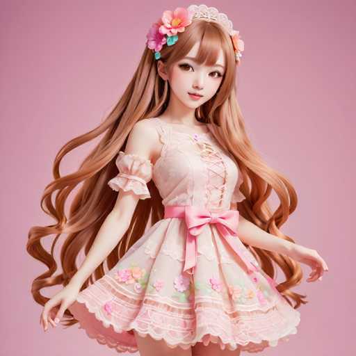 A beautiful, anime-style girl with long, flowing strawberry blonde hair and a pink floral dress is the central focus. She wears a delicate white lace dress with pink accents, a matching pink bow, and a floral crown. The soft pink background emphasizes her gentle pose and serene expression.