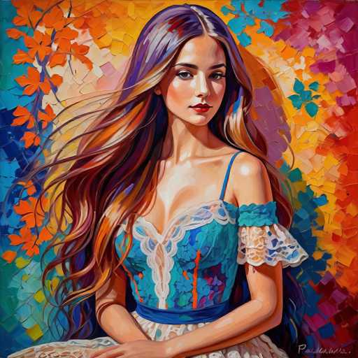 The artwork is a vibrant, mosaic-style portrait of a young woman with flowing, multi-toned hair and a blue dress. She's centrally positioned against a colorful, abstract background of orange and teal, with stylized floral elements. The style is reminiscent of a modern, digital painting with a focus on texture and bold color application.