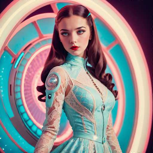A stylish, futuristic woman in a teal and pale blue dress with intricate details stands centrally against a glowing, circular backdrop of neon lights. Her long, wavy brown hair is styled with a blue accent, and she gazes directly at the viewer. The art style blends retro and futuristic elements with a soft, digital aesthetic.