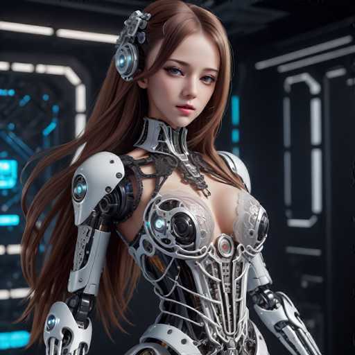 A stunning, highly detailed digital artwork depicts a beautiful cyborg woman with long brown hair and intricate mechanical enhancements. She's positioned against a dark, futuristic backdrop of glowing blue circuitry, emphasizing a blend of human and technological elements. The art style is photorealistic with a focus on intricate mechanical details and soft lighting, creating a captivating, cyberpunk aesthetic.