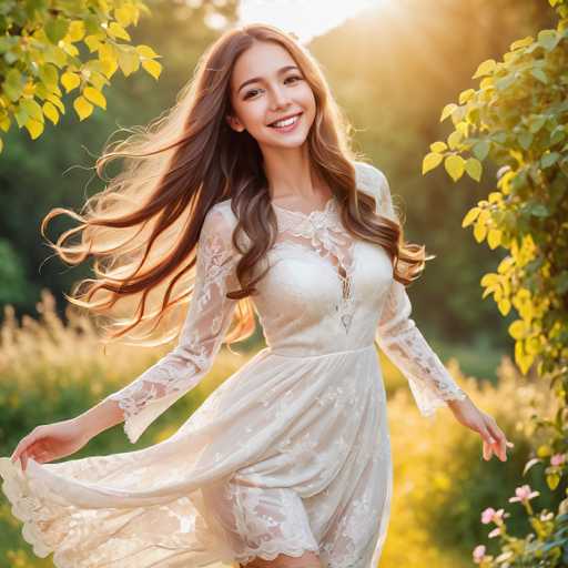 A young woman with long, flowing brown hair and a radiant smile is captured in a dreamy, sun-drenched outdoor setting. She wears a delicate white lace dress and is twirling amidst a field of golden wildflowers, her hair catching the sunlight. The soft, warm light and gentle motion create a romantic, ethereal atmosphere.