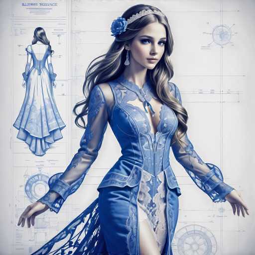 A digital illustration showcases a woman in an intricately detailed, flowing blue gown, overlaid with technical blueprints. The model is centrally positioned, her hands outstretched, while the blueprints provide a backdrop of design and construction. The art style blends realistic portraiture with technical illustration, emphasizing intricate details and a sense of craftsmanship.