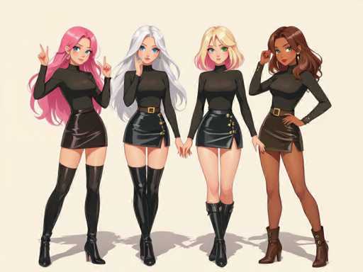 Four anime-style female characters with vibrant hair are positioned in a row, facing the viewer. They wear matching black turtleneck tops and short, pleated skirts with gold belts. The art style is clean and illustrative, emphasizing soft shading and detailed hair. They stand close together, holding hands, creating a unified group portrait.