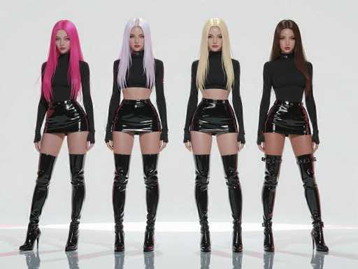 Four fashionably styled female avatars stand in a row against a white backdrop, showcasing matching black outfits with glossy skirts and long-sleeved tops. The art style is digital illustration, emphasizing a clean, modern aesthetic with a focus on the models' sleek silhouettes and vibrant hair colors.