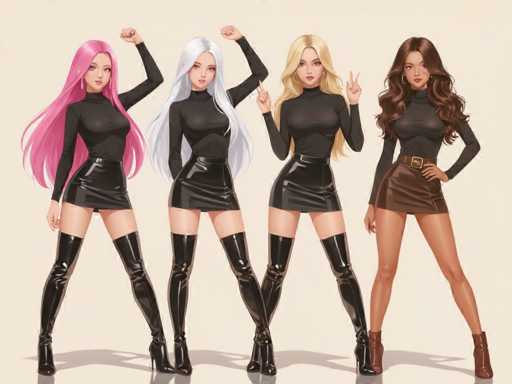 Four anime-style female characters with vibrant, flowing hair in various shades (pink, silver, blonde, brown) pose confidently in matching black turtleneck and mini skirt outfits. They are positioned side-by-side against a plain beige background, showcasing a uniform and stylish aesthetic. The art style is digital illustration with soft shading and detailed hair rendering.