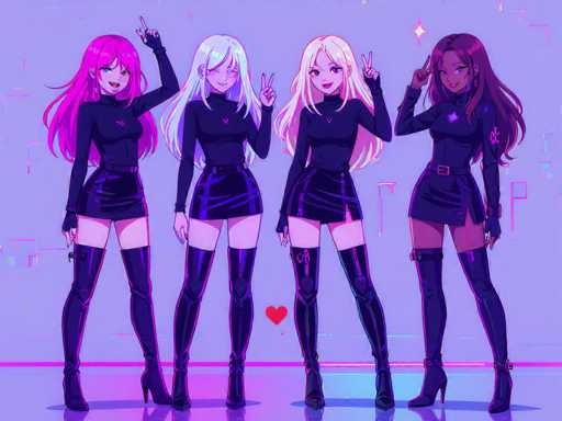 Four anime-style female characters with vibrant pink and purple hair pose in a neon-lit, retro-futuristic setting. They wear matching black outfits with heart details and are positioned side-by-side, each making a peace sign. The art style is digital illustration with bold lines and a glowing color palette, creating a stylish and playful aesthetic.