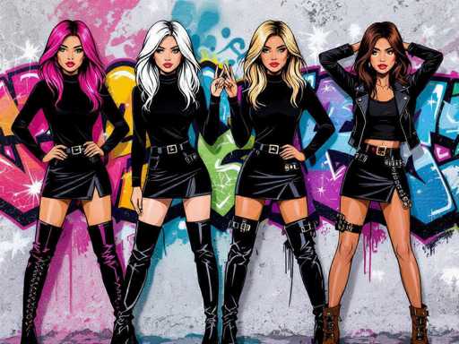 Four stylish women with vibrant hair are posing against a graffiti-covered backdrop, showcasing a bold, urban aesthetic. They wear matching black outfits with studded details and high boots, exuding confidence in a dynamic, stylized illustration.