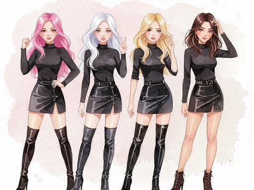 Four anime-style female figures are positioned in a row, showcasing variations of a black turtleneck and pleated mini skirt outfit. Each character has distinct hair colors (pink, silver, blonde, brown) and poses. The art style is illustrative, with soft shading and a whimsical, slightly pastel aesthetic.