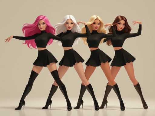 Four stylized female figures, each with vibrant, flowing hair in different colors (pink, white, blonde, brown), are posed in a dynamic, symmetrical fashion. They wear matching black outfits and high-heeled boots, creating a uniform, almost choreographed look. The art style is digital illustration with smooth shading and a focus on elegant poses.