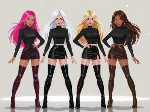 Four stylized female figures with vibrant, flowing hair in various colors (pink, white, blonde, brown) are posed identically against a light gray backdrop. They wear matching black long-sleeved tops and short, glossy black skirts with sheer tights in complementary colors. The art style is digital illustration, emphasizing smooth lines and a clean, modern aesthetic.