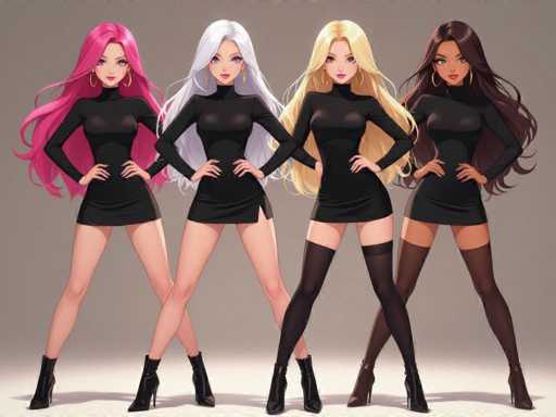 Four anime-style female characters with vibrant, long hair in various colors (pink, white, blonde, brown) pose identically in black turtleneck mini-dresses and black tights. They stand side-by-side, facing forward with hands on hips, creating a symmetrical and stylish group portrait. The art style is clean and polished, emphasizing smooth lines and soft shading.