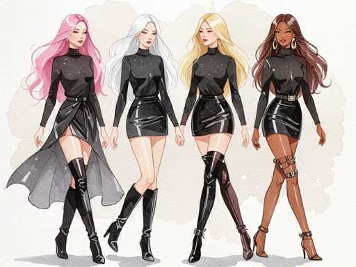 Four stylized female figures, each with vibrant, flowing hair and wearing a black, high-necked, glossy mini dress with a belt, are positioned side-by-side. They exude a fashionable, slightly ethereal vibe with their pose and detailed rendering, showcasing a digital illustration style.
