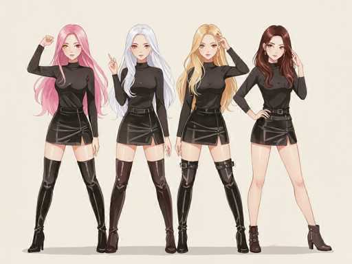 Four anime-style female characters with distinct hair colors (pink, silver, blonde, brown) are posed in a line. They all wear identical black outfits consisting of a long-sleeved turtleneck and a high-waisted, short skirt with a belt. The art style is smooth and detailed, emphasizing soft shading and delicate features.