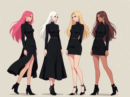 Four stylized female figures in elegant black turtleneck dresses pose against a neutral backdrop, showcasing variations in hair color and style. They are positioned side-by-side, creating a symmetrical arrangement. The art style is clean and illustrative, with smooth lines and flat shading emphasizing the figures' graceful poses.