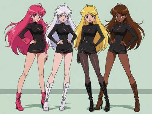 Four anime-style characters, Sailor Guardians, stand in a row against a light green background. They are dressed identically in black form-fitting outfits with long sleeves and short skirts, each with a unique hair color. They are positioned side-by-side, facing forward, in a static pose with hands on their hips. The art style is characteristic of classic anime, featuring detailed hair and expressive eyes.