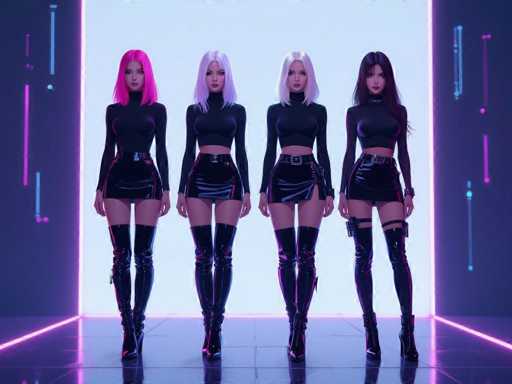 Four stylish women in matching black outfits with glossy, high-waisted skirts and thigh-high boots stand symmetrically against a vibrant neon blue backdrop. The art style is futuristic and digital, with glowing lines and a polished, almost holographic aesthetic, emphasizing a cool, synchronized group dynamic.