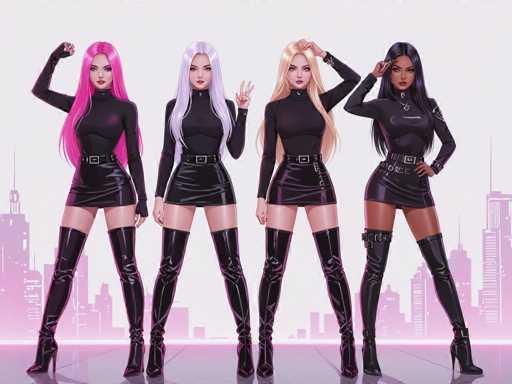 Four stylish women in matching black outfits pose confidently against a neon cityscape backdrop. The art style is digital illustration, emphasizing clean lines and vibrant colors with a focus on fashion and confident poses. They are positioned side-by-side, showcasing a uniform aesthetic with varying hair colors and subtle details.