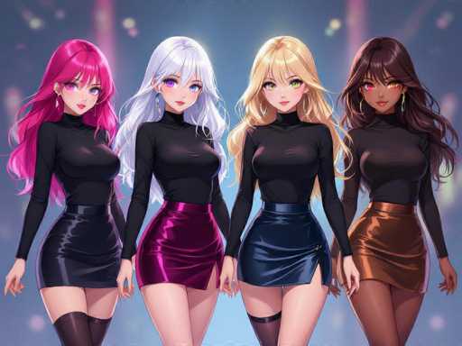 Four anime-style female characters stand in a row, showcasing vibrant, stylized hair colors and fashionable outfits. They are positioned close together, creating a unified group portrait with a soft, slightly glowing background effect. The art style is detailed and polished, emphasizing smooth lines and bright colors.