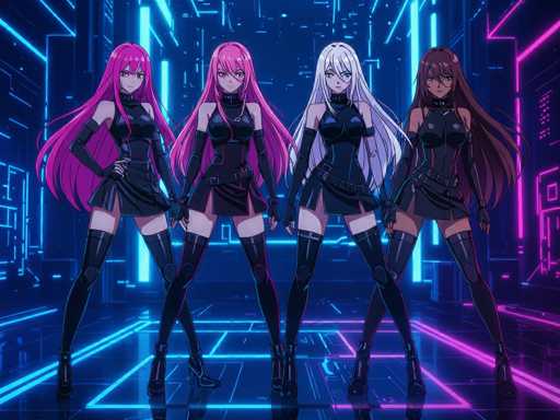 Four anime-style female characters with vibrant pink, white, and brown hair stand in a neon-lit, futuristic setting. They are dressed in matching black outfits with glowing accents and pose dynamically, creating a visually striking, symmetrical composition. The overall style is anime-inspired with sharp lines and bold colors.