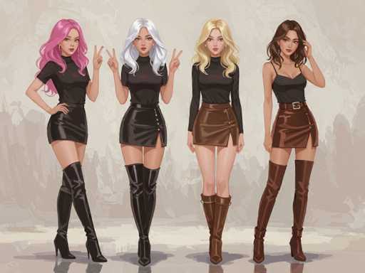 Four stylish female figures, each with distinct hair colors and poses, are presented in a digital illustration. They wear matching black tops paired with high-waisted skirts and thigh-high boots, showcasing a uniform aesthetic. The art style is soft and painterly, with muted tones and subtle shading creating a polished, fashionable look.