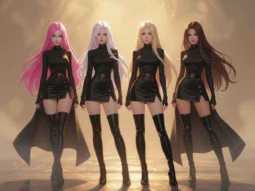 Four stylish anime women in matching black outfits pose confidently, showcasing a sleek and fashionable aesthetic. They stand side-by-side on a reflective surface, bathed in a warm, glowing light, with their long, flowing hair adding to the dynamic composition. The art style is digital painting, emphasizing smooth lines and soft shading.