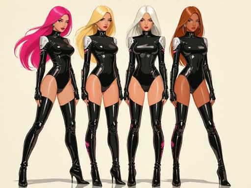 Four women in sleek, black, form-fitting suits with silver accents pose confidently. They are arranged side-by-side on a light beige background, showcasing their athletic builds and vibrant hair colors (pink, blonde, silver, brown). The art style is digital illustration with a polished, clean aesthetic.