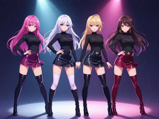 Four anime-style female characters, each with distinct hair colors and outfits, stand in a dynamic pose against a dark backdrop illuminated by colorful spotlights. They are positioned side-by-side, creating a symmetrical arrangement with their hands linked, showcasing a stylish and coordinated aesthetic.