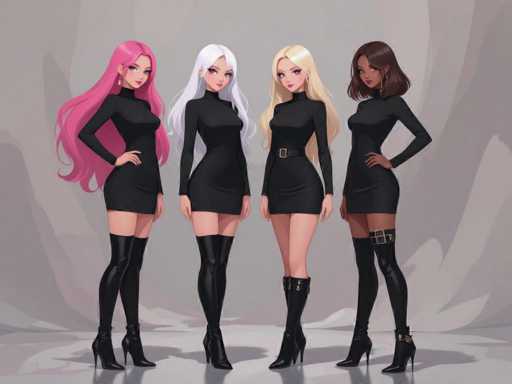 Four stylish female figures, each with distinct hair colors (pink, white, blonde, brown), pose in matching black turtleneck dresses. They stand side-by-side on a light gray surface, showcasing a clean, modern digital art style with soft lighting and smooth shading. The focus is on their elegant silhouettes and confident postures.