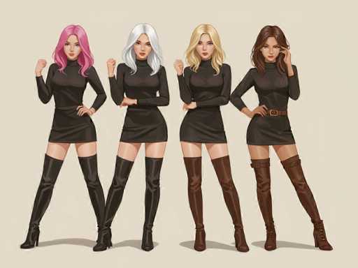 Four stylish women in matching black turtleneck dresses pose confidently, each with a distinct hair color. They stand side-by-side on a plain background, showcasing a modern, digital illustration style with soft shading and detailed clothing. The spatial arrangement is balanced, emphasizing each woman's individual pose and confident demeanor.