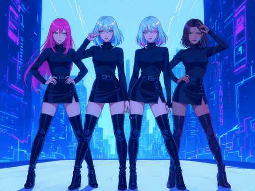Four stylish anime girls in matching black outfits pose confidently against a vibrant neon cityscape backdrop. They are positioned symmetrically, each with a distinct pastel-colored hair color and a cool, futuristic aesthetic. The art style is digital illustration with bold lines and glowing neon accents, creating a visually striking, cyberpunk vibe.