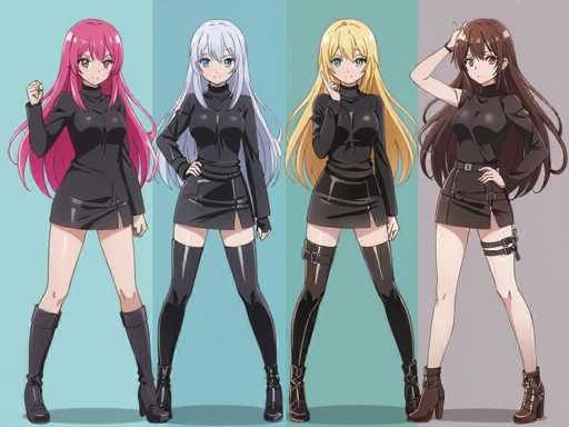 Four anime-style female characters, each with distinct hair colors and outfits, are positioned in a grid. They all wear black long-sleeved tops with fitted skirts and thigh-high boots, exuding a uniform or tactical aesthetic. The art style is clean and detailed, with soft shading emphasizing their poses and expressions.