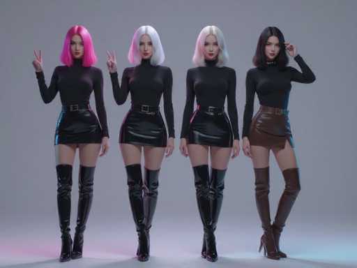 Four fashion models, each with a distinct hair color (pink, white, white, black), pose in matching black outfits with high-waisted skirts and boots. They stand side-by-side against a soft, gradient gray background with subtle neon lighting accents. The style is modern and stylized, emphasizing a sleek, uniform aesthetic.
