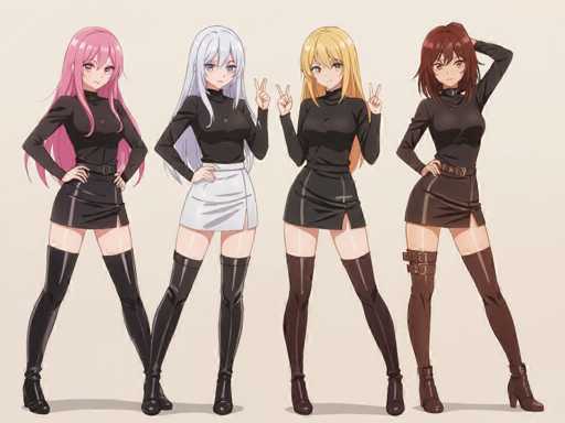 Four anime-style female characters with distinct hair colors (pink, silver, blonde, brown) pose in a row. They wear matching black long-sleeved tops and short skirts, paired with thigh-high boots in various shades of brown. The art style is clean and detailed, emphasizing smooth lines and soft shading.