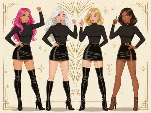 Four stylish women with vibrant hair are posed in a row, showcasing matching black outfits and high-heeled boots. The art style is illustrative, with a focus on detailed clothing and confident poses against a gold-patterned backdrop.
