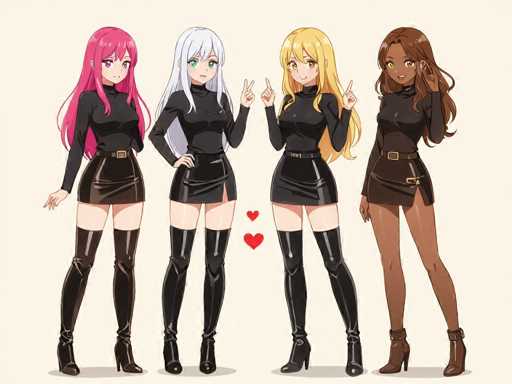 Four anime-style female characters with distinct hair colors (pink, white, blonde, brown) are positioned side-by-side. They all wear black turtleneck tops and short, fitted skirts with belts, paired with thigh-high boots. The art style is clean and illustrative, emphasizing smooth lines and soft shading.