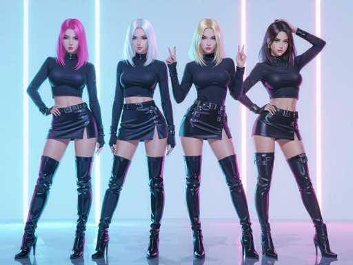Four stylish female figures, each with vibrant hair, pose in a brightly lit, neon-infused setting. They wear matching black outfits with high-waisted skirts and thigh-high boots, creating a cohesive, futuristic aesthetic. The figures are positioned in a line, each with a confident and slightly playful posture, showcasing a digital art style with smooth gradients and sharp lines.