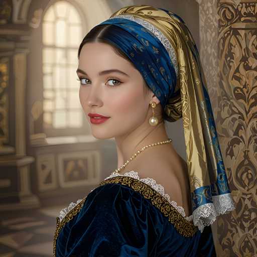 A woman in a rich, dark blue velvet gown with gold and white lace is positioned in a dimly lit, ornate setting. She wears a patterned headscarf and pearl necklace, looking over her shoulder with a soft gaze. The background features a detailed, patterned wall and window, creating a vintage, portrait-style aesthetic with warm lighting.