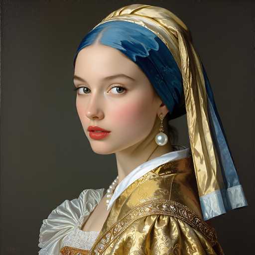 This portrait showcases a young woman in Renaissance attire, likely inspired by the style of Giorgione's "La Tempesta." She wears a richly detailed gold and blue gown, a blue headscarf, and pearl jewelry. The focus is on her serene gaze, with the spatial relationship emphasizing a close-up, intimate portrait. The art style is highly detailed and realistic, with soft lighting highlighting the textures of the fabric.