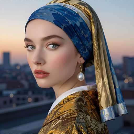 A captivating portrait showcases a woman with striking blue eyes, adorned in an intricately patterned golden and blue headscarf. She wears a matching garment with pearl earrings, her gaze directed towards the viewer. The soft, warm sunset in the background and blurred cityscape create a dreamy, artistic ambiance.