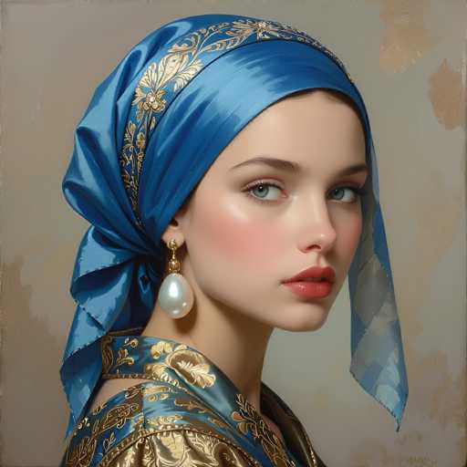 A portrait showcases a woman with fair skin, blue eyes, and red lips, adorned in an ornate blue and gold headscarf. She wears a matching gold garment with pearl earrings, her gaze directed towards the viewer. The art style is realistic, reminiscent of a Renaissance portrait with soft lighting and detailed textures.