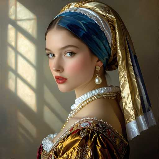 A woman in a Renaissance-style gown and elaborate headscarf gazes directly at the viewer. The rich, detailed clothing features gold brocade and pearl details, illuminated by a strong light source creating dramatic shadows. The spatial relationship places her in the foreground, drawing focus to her elegant portrait. The art style is highly detailed and realistic, reminiscent of Renaissance painting.