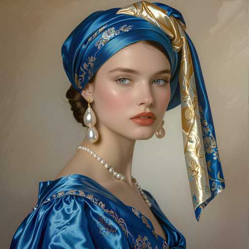 A stunning portrait showcases a woman in an ornate blue silk gown and matching headscarf, adorned with gold detailing. She wears a pearl necklace and elegant drop earrings. The soft lighting and detailed textures evoke a vintage, romantic aesthetic with a focus on the woman's serene gaze.