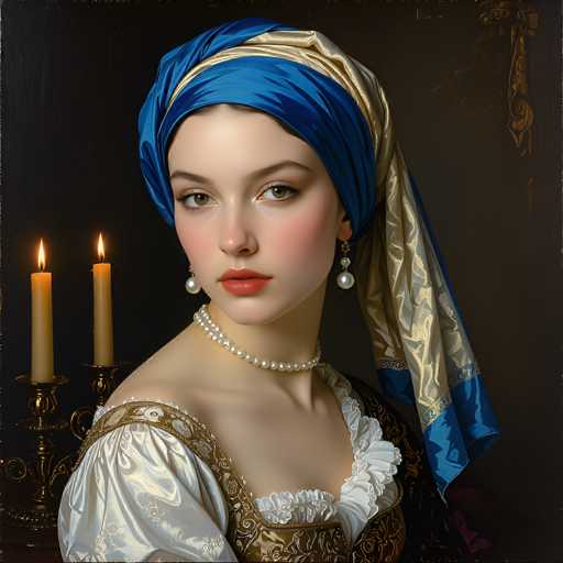 A portrait in a Renaissance-inspired style features a young woman with a blue and gold turban, pearl necklace, and lace bodice. She gazes directly at the viewer, illuminated by two lit candles in an ornate golden holder. The dark background emphasizes her elegant attire and serene expression, creating a classic, intimate portrait.