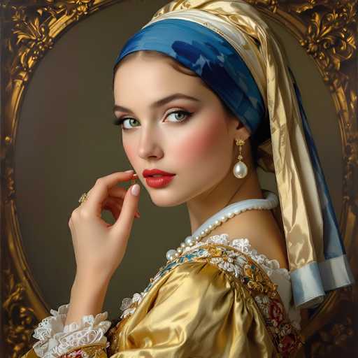A woman in a richly detailed, golden and blue historical gown with pearl jewelry gazes directly at the viewer. She's framed by an ornate, gold-framed portrait, creating a classic, vintage aesthetic. The lighting is soft and dramatic, emphasizing her elegant features and the intricate details of her attire.