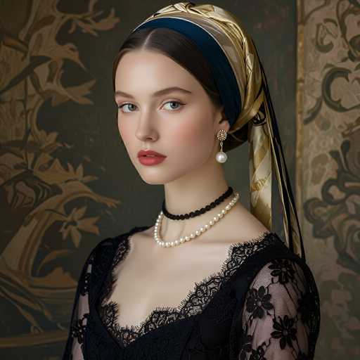 A woman in a vintage black lace dress and ornate headscarf gazes directly at the viewer. She wears pearl necklaces and elegant earrings, set against a patterned backdrop. The portrait exhibits a classic, slightly romantic style with soft lighting and a focus on intricate details.