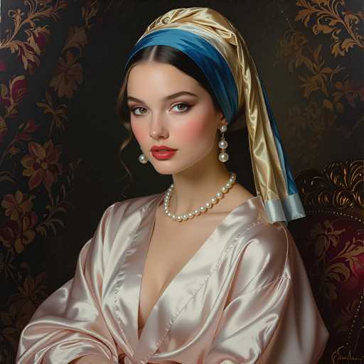 A woman in a luxurious satin robe and pearl necklace, adorned with a patterned headscarf, gazes directly at the viewer. The portrait features a vintage-inspired style with rich, dark background and ornate floral patterns, creating an intimate, opulent atmosphere. The spatial relationship places the woman centrally, emphasizing her elegant presence.