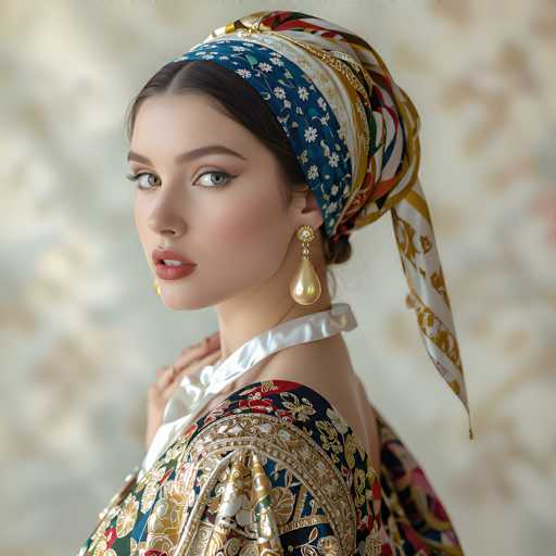 A woman in a richly patterned, gold-accented dress and headscarf gazes directly at the viewer. She wears large, pearlescent earrings and has a soft, elegant makeup look. The focus is on her face, with the background blurred to emphasize her portrait-style presentation. The overall style is a blend of traditional and modern, with a focus on intricate details and soft lighting.