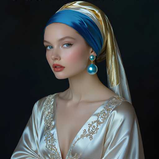 A stunning portrait features a woman with fair skin and striking blue eyes, adorned in an elegant, shimmering gold and teal silk ensemble. She wears a draped headscarf and large, pearlescent earrings, her gaze direct and captivating. The art style is a blend of fashion photography and digital painting, emphasizing soft lighting and a luxurious, intimate atmosphere.