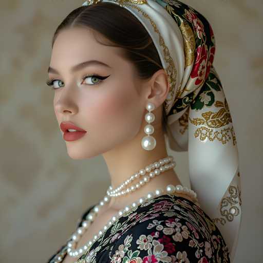 A stunning portrait showcases a woman in a richly detailed, traditional black and gold embroidered outfit, adorned with a pearl necklace and headscarf. Her gaze is direct, her makeup emphasizing striking green eyes and red lips. The soft, warm lighting highlights the intricate details of the clothing and jewelry, creating a sophisticated, elegant aesthetic.